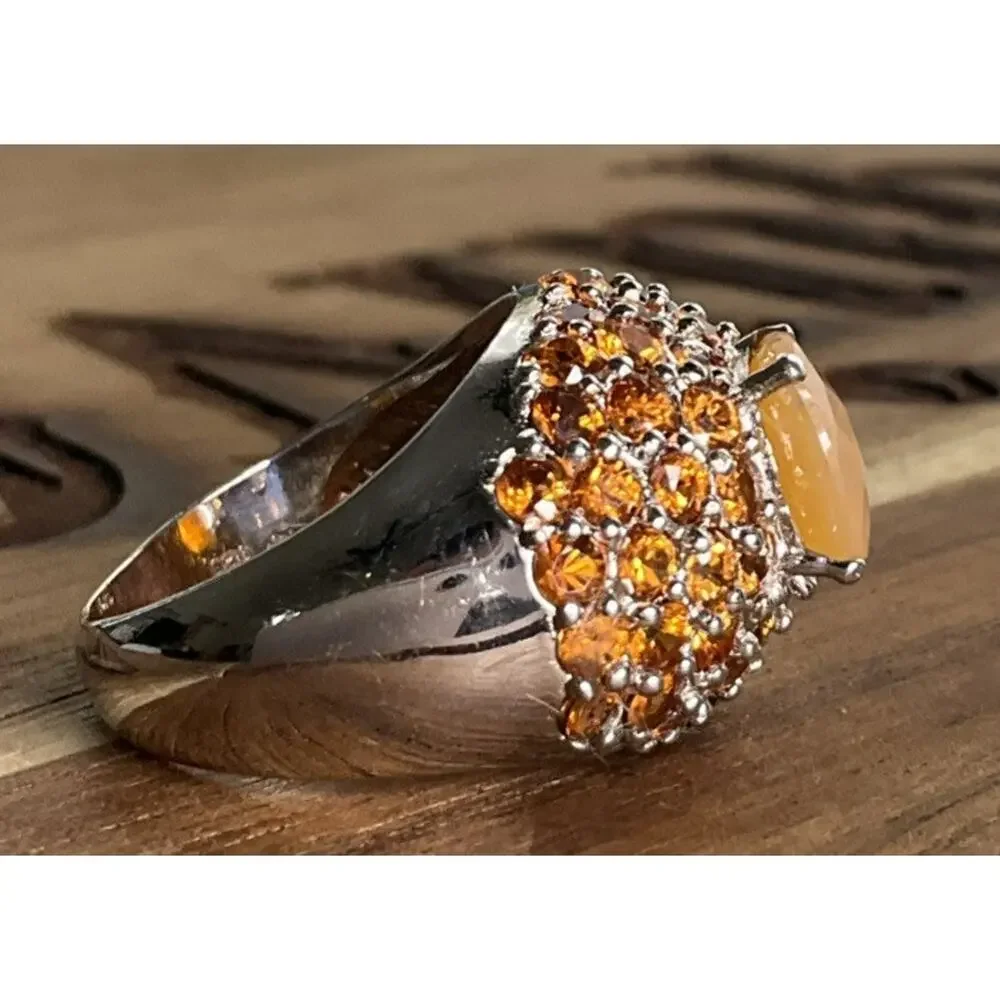 Vintage Sterling Silver Peach Chalcedony Orange Gemstone Cocktail Ring Size 7